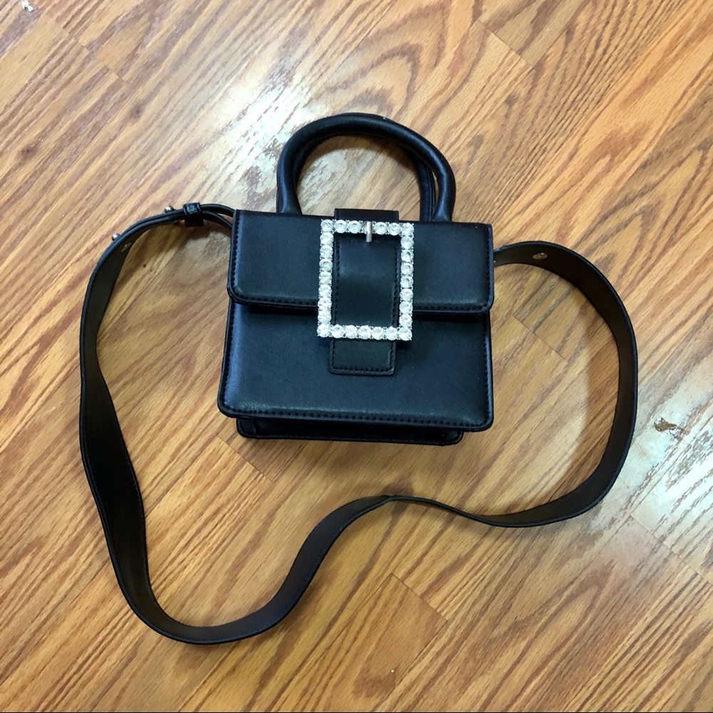 Rhinestone buckle black PU leather mini purse